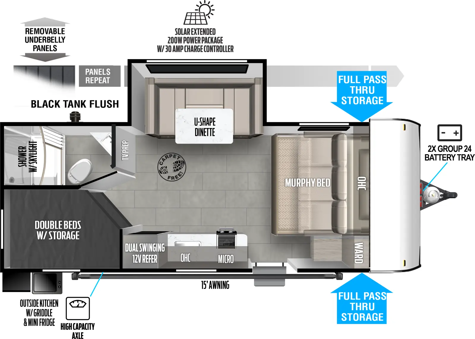 The 178BHSK has one slideout and one entry. Exterior features 2x group 24 battery tray, front pass through storage, 15 foot awning, high capacity axle, outside kitchen with griddle and mini fridge, black tank flush, removable underbelly panels, and solar extended 200W power package with 30 amp charge controller. Interior layout front to back: murphy bed/sofa with overhead cabinet and wardrobe on door side; off-door side u-dinette slideout; door side entry and kitchen counter with sink and cooktop, overhead cabinet, microwave, and 12V refrigerator; rear off-door side full bathroom with a shower with skylight; rear door side double bunk beds with storage.